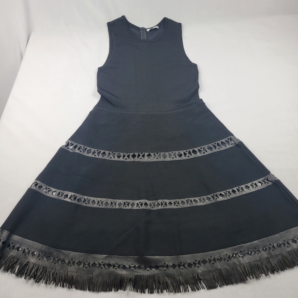 Parker black bandage aline vegan leather fringe and cutout trim dress - Picture 7 of 8
